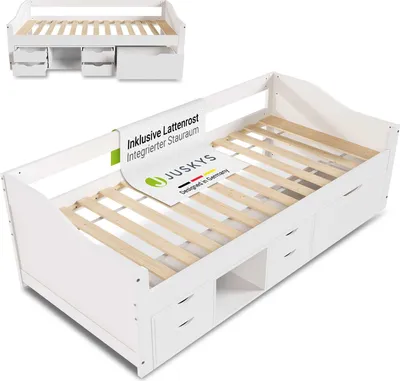 Produktbild von Juskys Funktionsbett Nalu 90x200 cm - Holz Bett mit Lattenrost & Schubladen - Weiß
