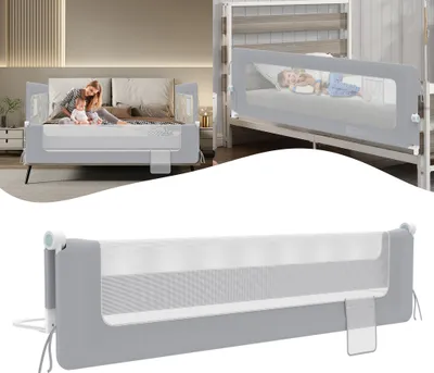 Image de Barrière de sécurité LARS360 200cm pliable, pivotant à 180 degrés, pour jeunes enfants, réglable en hauteur, filet aéré, pour lit d'enfant, grise