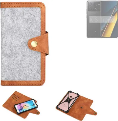 Produktbild von K-S-Trade Handyhülle kompatibel mit POCO X6 Pro 5g Schutzhülle Filz-Hülle Kunst-Leder hellgrau braun (1x)