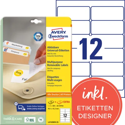 Produktbild von Avery Zweckform L4743REV-25 Universal-Etiketten, ablösbar, A4 99,1 x 42,3 mm, weiß