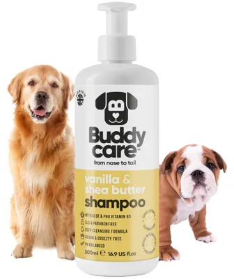 Produktbild von Vanille- & Sheabutter-Hundeshampoo von Buddycare - Feuchtigkeitsspendendes Shampoo für Hunde - Frisch duftend - Mit Aloe Vera und Pro-Vitamin B5 (500ml)