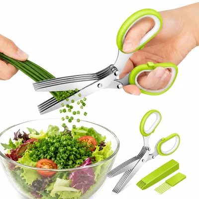 Produktbild von Kräuterschere 5-Klingen, Küchen-Gemüseschere mit Reinigungskamm & Sicherheitsabdeckung, Kräutermesser Für Schnittlauch, Petersilie & Kräuter