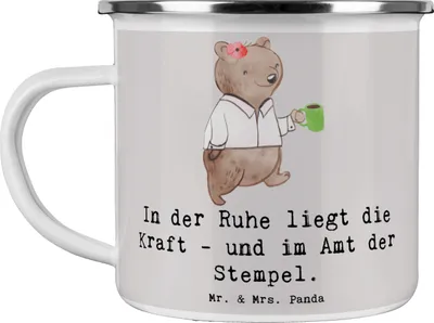 Produktbild von Mr. & Mrs. Panda Haferl Beamtin Kraft - Grau Pastell - Geschenk, Berufsprodukte, Beruf, Behörden, Arbeitsalltag, personalisierte Geschenke, Emaille Tasse, Blechtasse