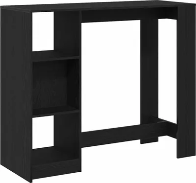 A black bar table with shelves on the left side, shown from a front-diagonal angle against a white background.