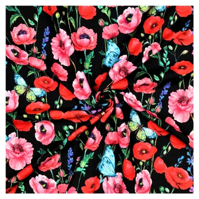 Produktbild von French Terry Stoff Meterware mit Mohnblumen – Baumwolljersey Schwarz Bunt, 95% Baumwolle 5% Elasthan, elastischer Sweatstoff