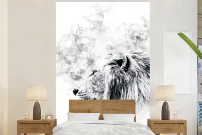 Produktbild von MuchoWow® Fototapete für Wohnzimmer oder Schlafzimmer Wandtapete Vinyl Motivtapete Löwe - Rauch - Schwarz - Weiß - 155x240 cm - Tapete