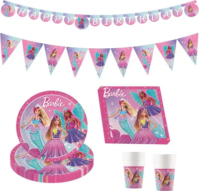 Produktbild von Barbie-Geburtstagsdekoration, 38-teilig, für den Kindergeburtstag mit Einweg-Partygeschirr und Partydekoration