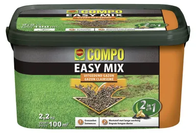 Produktbild von Compo Grassamen 2,2 kg für 100 m² - easy mix 2-in-1 - Grassamen + Dünger - Ideal gegen schüttere Stellen im Rasen - Schnelles Wachstum