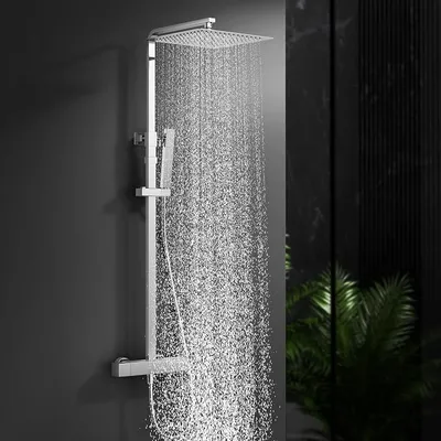 Productafbeelding van Complete doucheset met thermostaatkraan, chroom - Douchesysteem van roestvrij staal met een hoofddouche van 30x30 cm - Regendouche, complete doucheset in hoekvorm voor een moderne badkamer