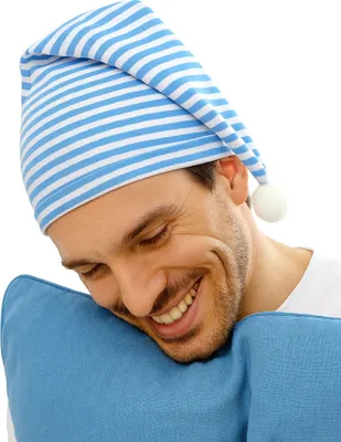 Immagine prodotto di Berretto da notte a punta con pompon blu e bianco - Taglia unica