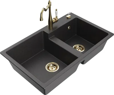 Produktbild von Mexen Tomas 2-Becken-Granitspüle mit Mischbatterie Carla, Schwarz gesprenkelt - 6516-76-670700-50