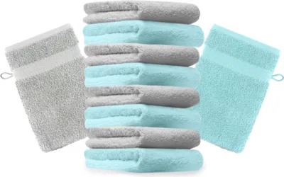 Produktbild von Betz 10 Stück Waschhandschuhe 16x21 cm PREMIUM 100% Baumwolle  Farbe: silbergrau und türkis