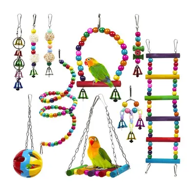 Produktbild von Vogelspielzeuge, 10-tlgs Set Wellensittich Spielzeug, Holz Spielseil, mit Leiter Hängematte Glocke Kauspielzeug, für Sittiche, Papageien