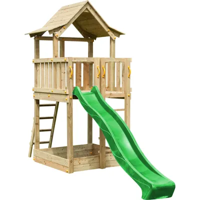 A wooden playground tower with a green slide and a sandbox base, isolated on a white background.