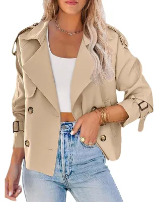 Produktbild von Trenchcoat Damen Kurze Passform - Casual Jacke mit langen Ärmeln - Winddicht 100% Polyester - Doppelte Knopfreihe - Funktionale Taschen - Verfeinerte Verarbeitung