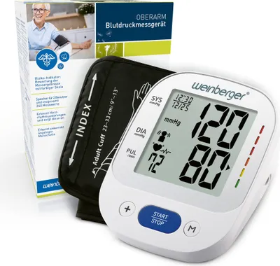 Produktbild von Weinberger Oberarm Blutdruckmessgerät großem Display, Speicher und Risiko-Indikator, inkl. Tasche, großes und gut lesbares Display, Farbe: Weiß, Gewicht: 500 g, Modell: 02273