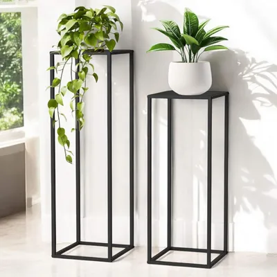 Two black metal plant stands of different heights, each holding a potted plant, are placed indoors near a window.