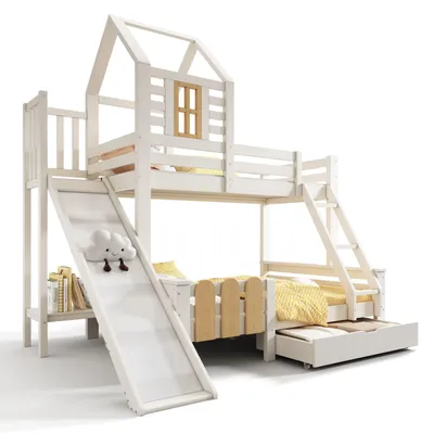 Produktbild von Etagenbett Bett 90x200 & 140x200 cm, Hausbett mit Schublade Rutsche und Leiter, Kinderbett Hochbett mit Lattenrost, Blockhaus-Design