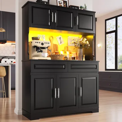 Image de Armoires de cuisine Flieks avecvia application et étagères réglables, buffet avec éclairage LED, armoire de rangement de cuisine 108 x 40 x 180 cm, noir