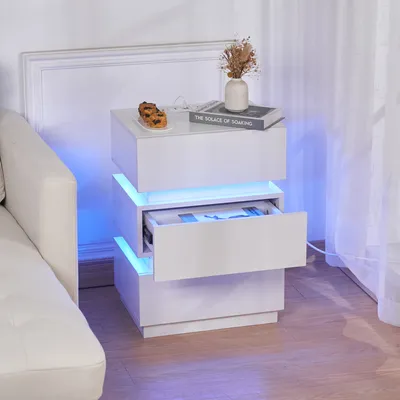 Image de Table de nuit avec éclairage LED avec 3 tiroirs 45×35×61cm Blanc