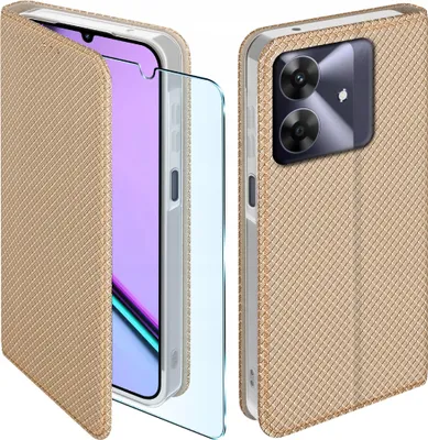 Obrázek produktu pro Pouzdro s klopkou pro Realme Note 60, zlaté, s tvrzeným sklem 9H