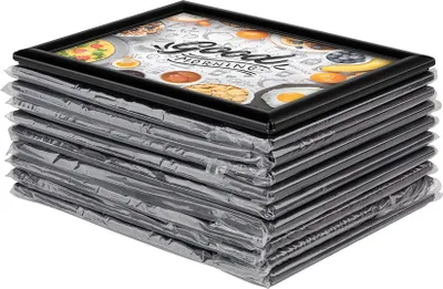 A stack of A4 picture frames, with the top one showing a breakfast-themed image.