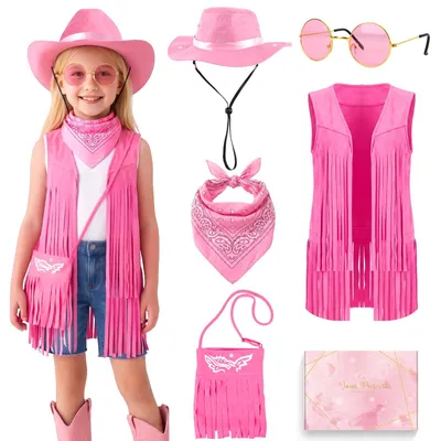Immagine prodotto di Costume da cowgirl, set da 5 pezzi, rosa, con cappello e borsa, ideale per il Carnevale