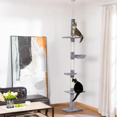 Zdjęcie produktu dla Drapak dla kota PawHut, wysokość sufitu 230-260 cm, drapak dla kota z sizalem, platformy, wielopoziomowy, wspinaczkowy, dla małych i dużych kotów, szary