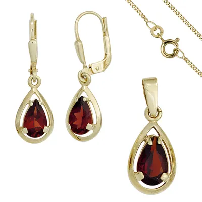 Produktbild von Schmuck-Set aus 333 Gold Gelbgold 3 Granate rot Ohrringe und Kette 42cm
