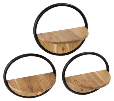 Productafbeelding van FURNLUX Wandplank, rond, acaciahout en zwart, 35 cm (3-delig) / Hoofdkleur: Beige / Afmetingen: 35 x 35 x 17 cm