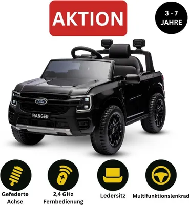 Produktbild von Elektro-Kinderauto FORD Ranger 12V, Schwarz, Ledersitz, 2,4-GHz-Fernbedienung, Bluetooth-/USB-Eingang, Federung, 12-V-Batterie, Kunststoffräder, 2 x 30-W-Motoren, ORIGINAL-Lizenz