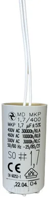 Kondensator 1,7 µF, Ø 25 mm x 48 mm, mit Drähten