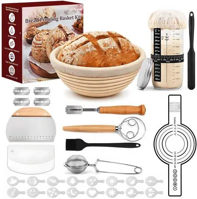Produktbild von Brotback-Starter-Set, 23 cm, rundes Gärkorb mit Teigschaber, Brotlampe, Starter-Topf und Zubehör für das Backen zu Hause in der Küche