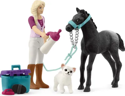 A toy set featuring a girl figure feeding a foal, with a dog and grooming accessories.