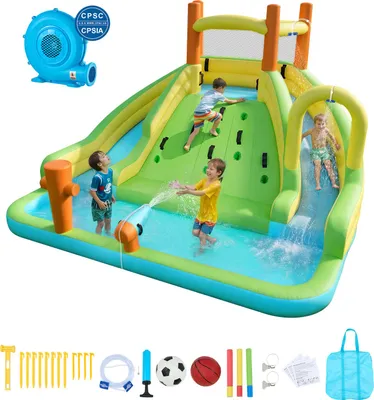 Imagen del producto de Castillo hinchable acuático VEVOR, de 405 x 347 x 255 cm, con pared de escalada y tobogán de agua, para 3-4 niños