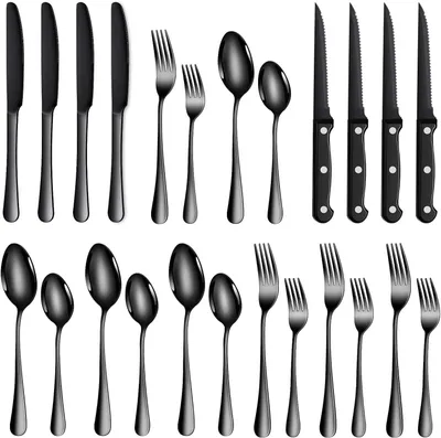 Produktbild von Besteckset 24-teilig, für 4 Personen, mit Steakmessern, Edelstahl, schwarz, für Abendessen