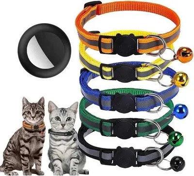 Image de Collier GPS pour chat avec support AirTag, lot de 5 colliers réfléchissants anti-étranglement avec clochette, ajustable 18-32 cm (comprend 1 support AirTag et 5 colliers pour chat)