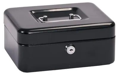 Obrázek produktu pro Pokladnička pokladna kasička - Ocelový plech - 195 x 145 x 80 mm - Černá s přihrádkou na mince