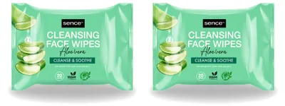 Imagen del producto de 2 paquetes de toallitas limpiadoras faciales de Aloe Vera de Sence, cada uno con 20 unidades. Paquete económico