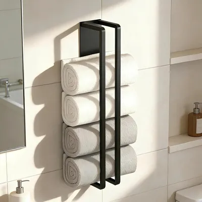 Productafbeelding van Gastenhanddoekhouder zonder boren 40 cm - Handdoekrek badkamer - Zwarte handdoekopslag badkamer - Koolstofstaal handdoekhouder badkamer