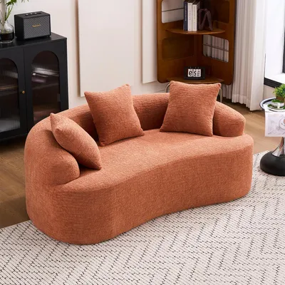 Produktbild von MODFU Dreisitzer Wohnzimmersofa mit Kissen und Armlehnen Zweisitzer Chenille geschwungenes Loungesofa montagefrei eeignet für kleine Wohnungen Koralle