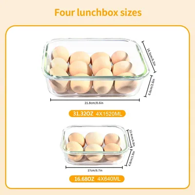 Productafbeelding van Voorraadcontainers van borosilicaatglas - set van 8 - 4 x 1520 ml + 4 x 640 ml - Luchtdichte deksels - Vrij van BPA - Stapelbaar