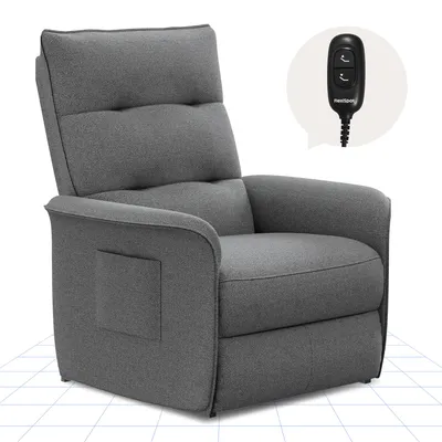 A dark gray electric recliner chair is shown from a three-quarter front angle on a white and light gray grid background. A small inset circle shows a close-up of the remote control for the chair.