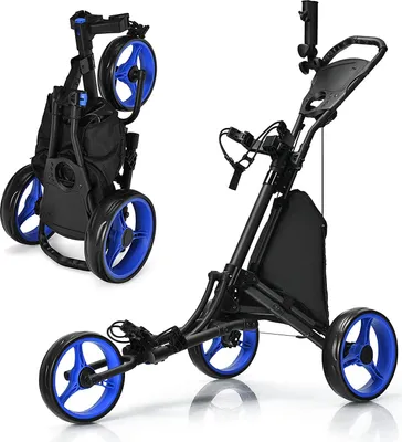 Produktbild von GOPLUS Faltbar Golftrolley mit 3 Rädern, 4 höhenverstellbare Positionen, Golfwagen aus Aluminium, mit verstellbarem Schirmhalter, Tasche, Eingebauter Kühler, Fußbremse