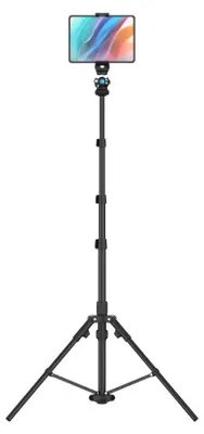 A black tripod stand holding a tablet with a colorful screen.