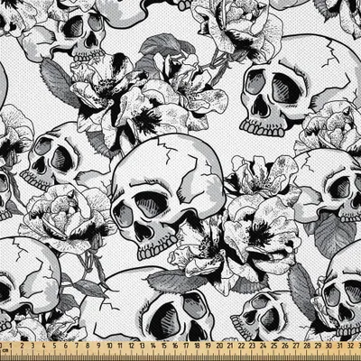 Zdjęcie produktu dla ABAKUHAUS Dzień Zmarłych Satynowa tkanina sprzedawana na metry, uroczyste święto meksykańsko-hiszpańskie szkic Dead Skulls Artwork Print, 3 m (148 x 300 cm), czarno-biała