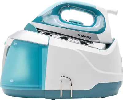 A steam ironing station with a separate water tank, shown from a side-angle.