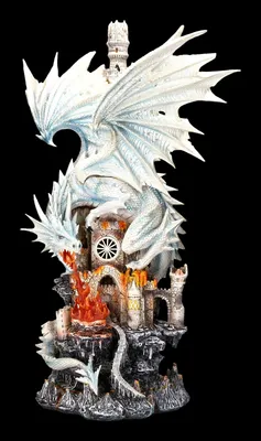 Produktbild von Weiße Drachen Figur groß - Attackiert Burg - Höhe: 61 cm - Deko Dragon Statue