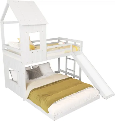 Obrázek produktu pro Fortuna Lai patrová postel 90x200/140x200cm se skluzavkou a žebříkem, dětská postel s ochranou proti vypadnutí, s bezpečnostní bránou, stříškou a oknem, masivní dřevěná půdní postel patrová postel pro mládež bílá