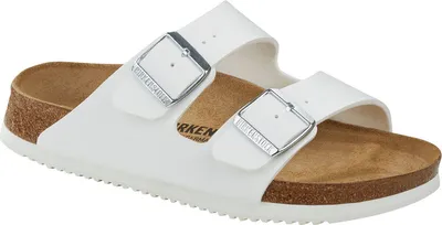 A pair of white Birkenstock Arizona sandals with silver buckles.
